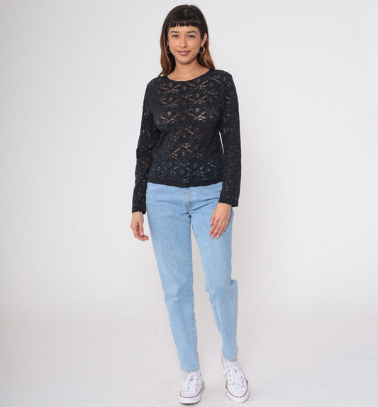 90s Sheer Black Floral Lace Long Sleeve Blouse Small S