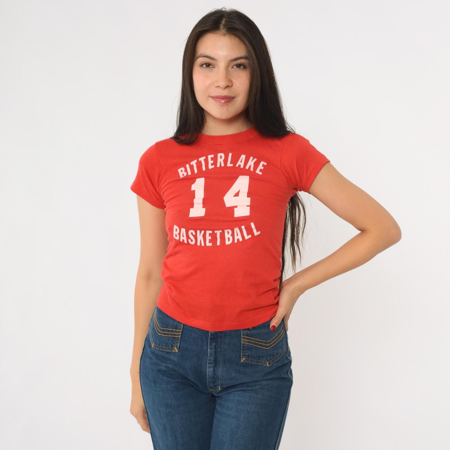 80s Bitterlake Basketball Graphic T-Shirt Red Single Stitch Number 14 XXS