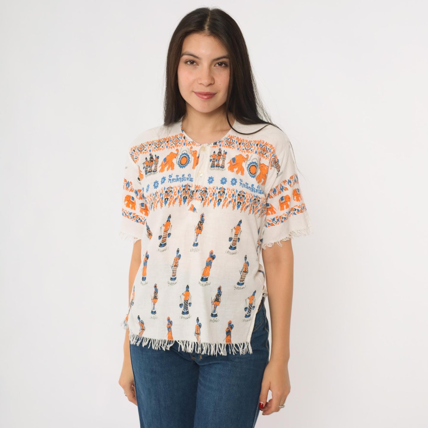 Y2K Thailand Souvenir Shirt White Cotton Elephant Print Fringe Small