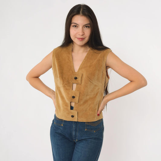 70s Jack Winter Tan Corduroy Vest Keyhole Button-Up Small