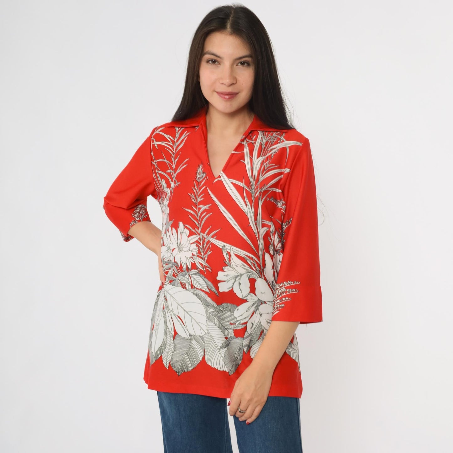 70s Teddi of California Floral Shirt Red Dagger Collar V-Neck Blouse Medium M