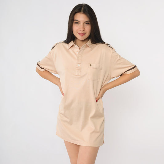 80s Bronzini Beige Polo Shirt Unicorn Emblem Epaulet Medium Tall