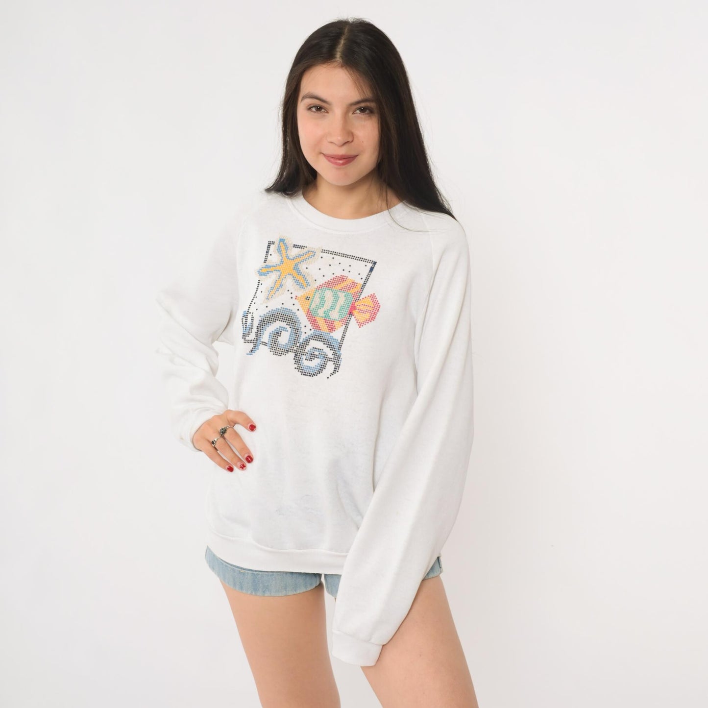 90s Jerzees Fish Starfish Sweatshirt White Raglan Graphic Crewneck Large