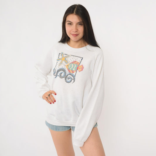 90s Jerzees Fish Starfish Sweatshirt White Raglan Graphic Crewneck Large