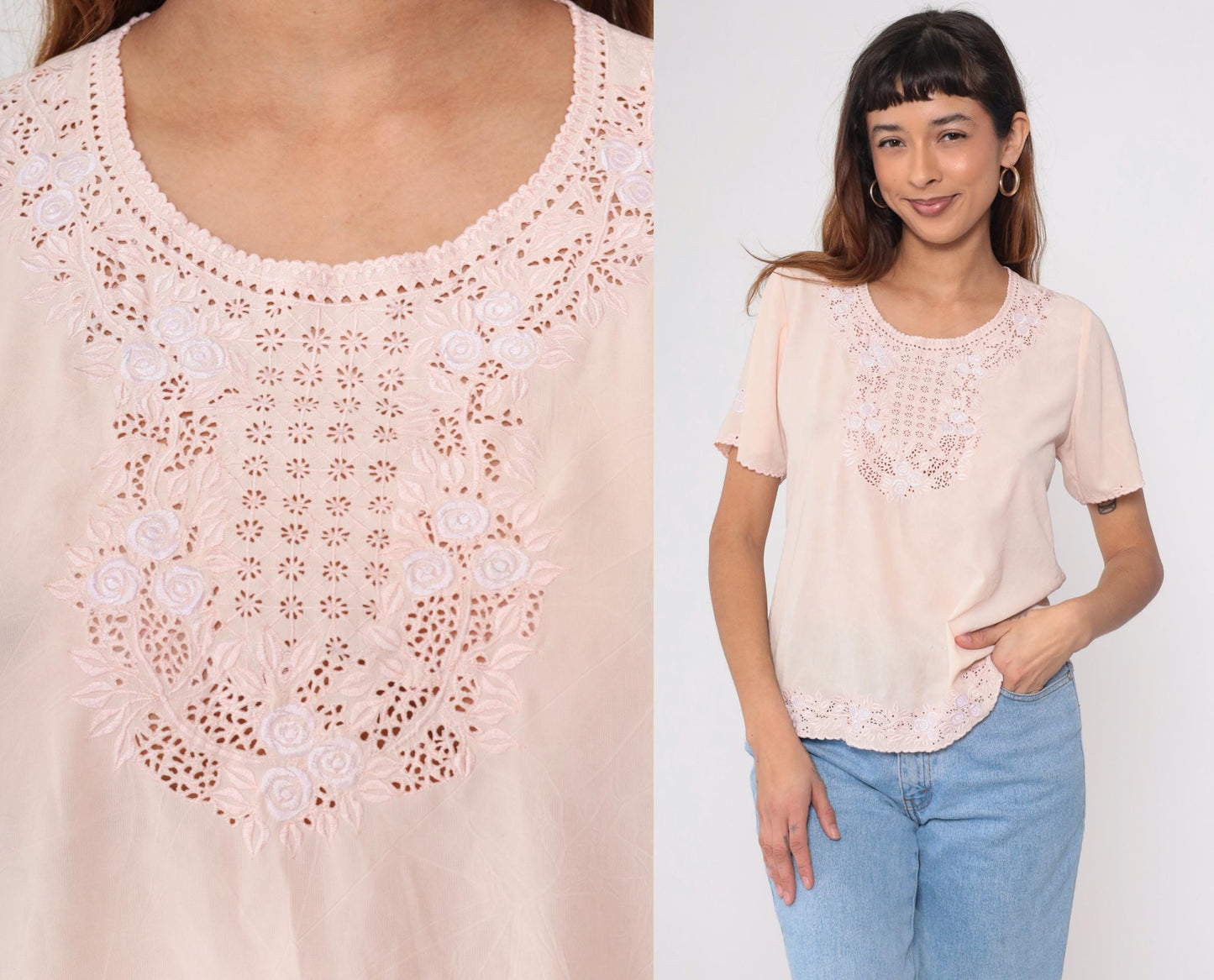 80s Baby Pink Floral Embroidered Cutout Blouse Small S