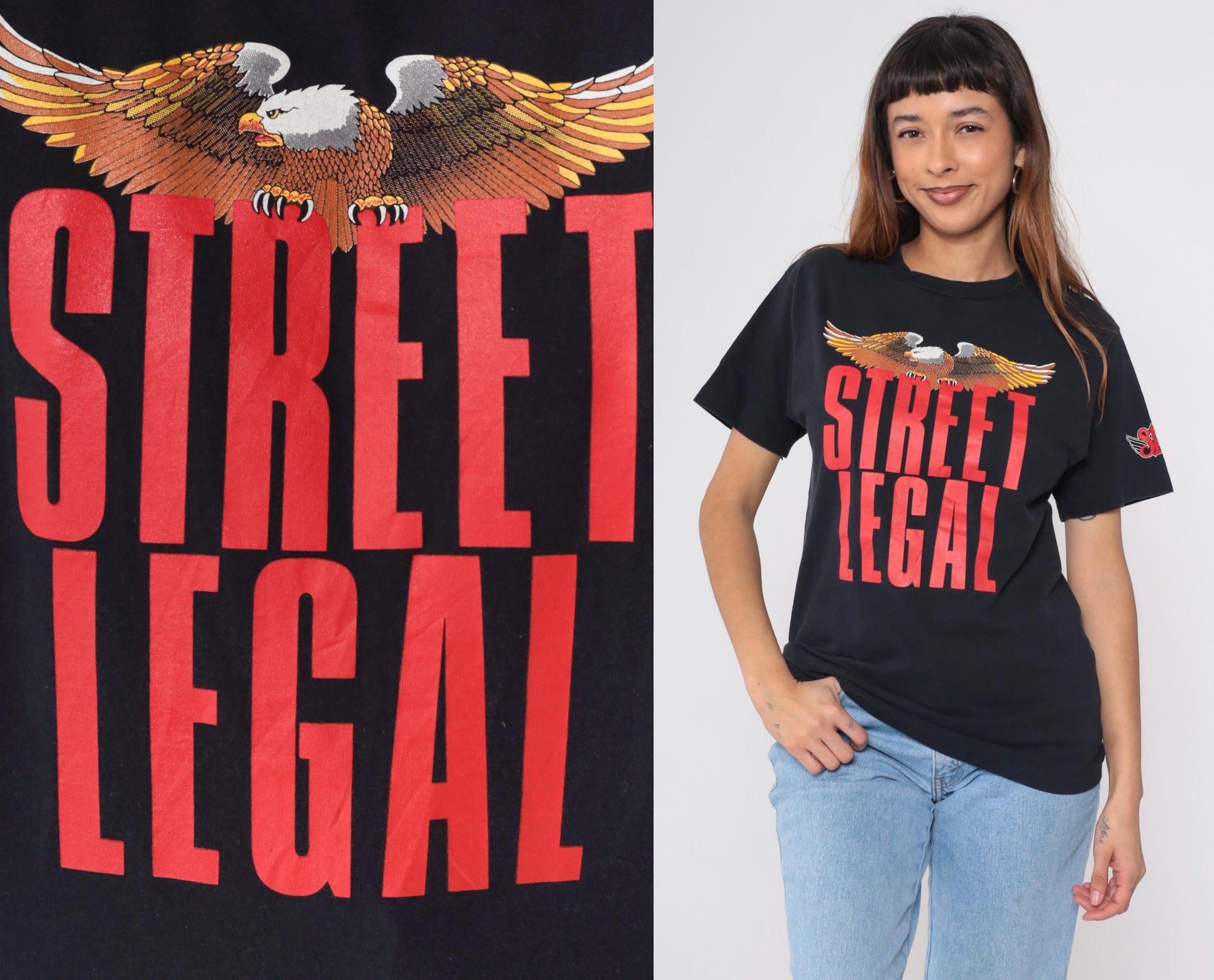 90s Street Legal Eagle Motorcycle Graphic T-Shirt Black Cotton Small
