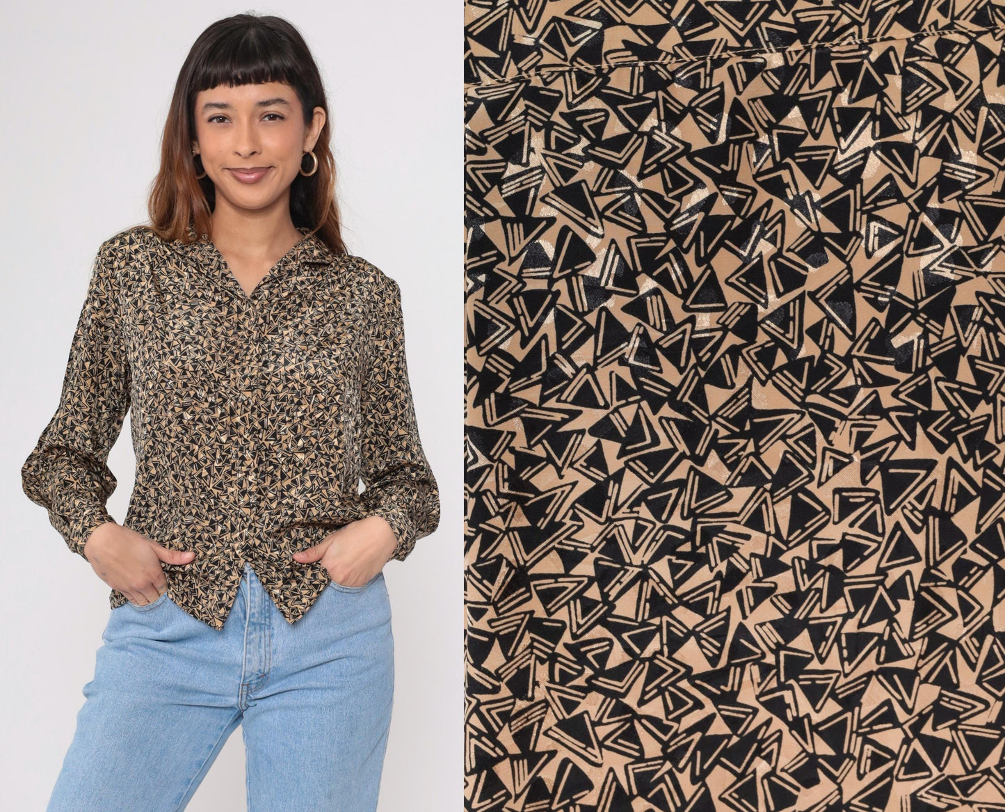 80s Geometric Jacquard Button Up Blouse Tan Black Puff Sleeve Small