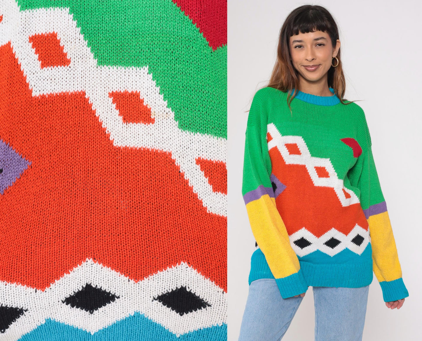 80s Geometric Color Block Knit Sweater Cotton Crewneck Orange Green Blue Large