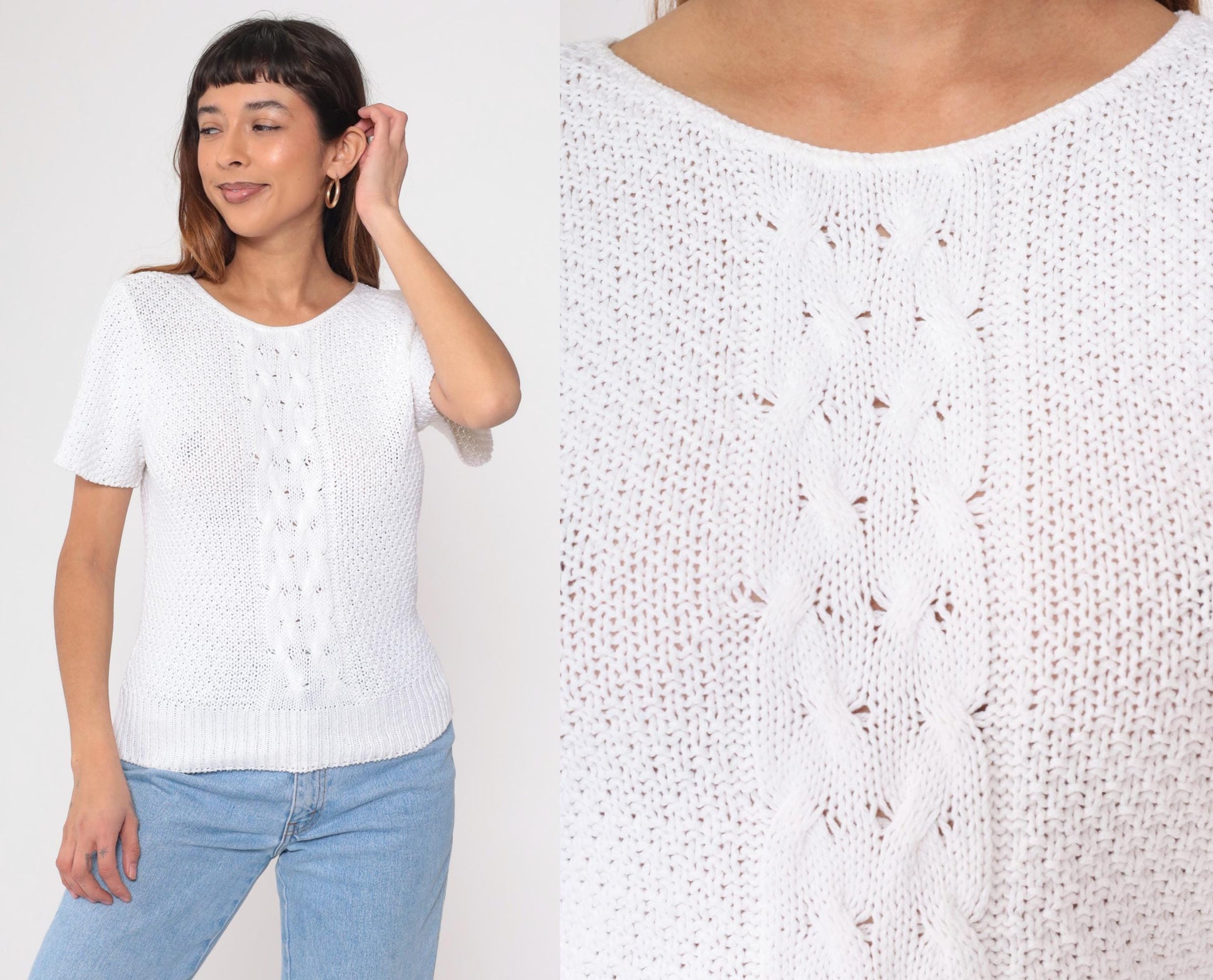 80s Yarn Spinners Cable Knit Sweater Top White Cotton Short Sleeve Extra Small