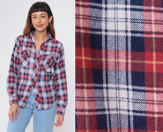 80s Red White Blue Plaid Flannel Button-Up Shirt Small S