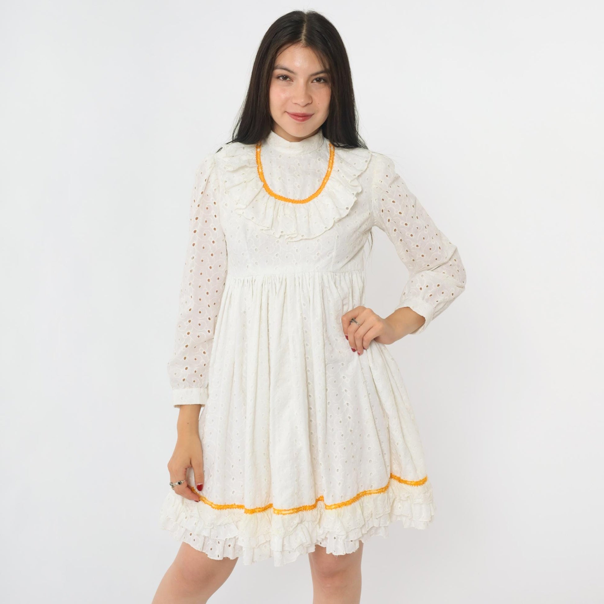 70s White Eyelet Lace Mini Dress Empire Waist Puff Sleeve Small