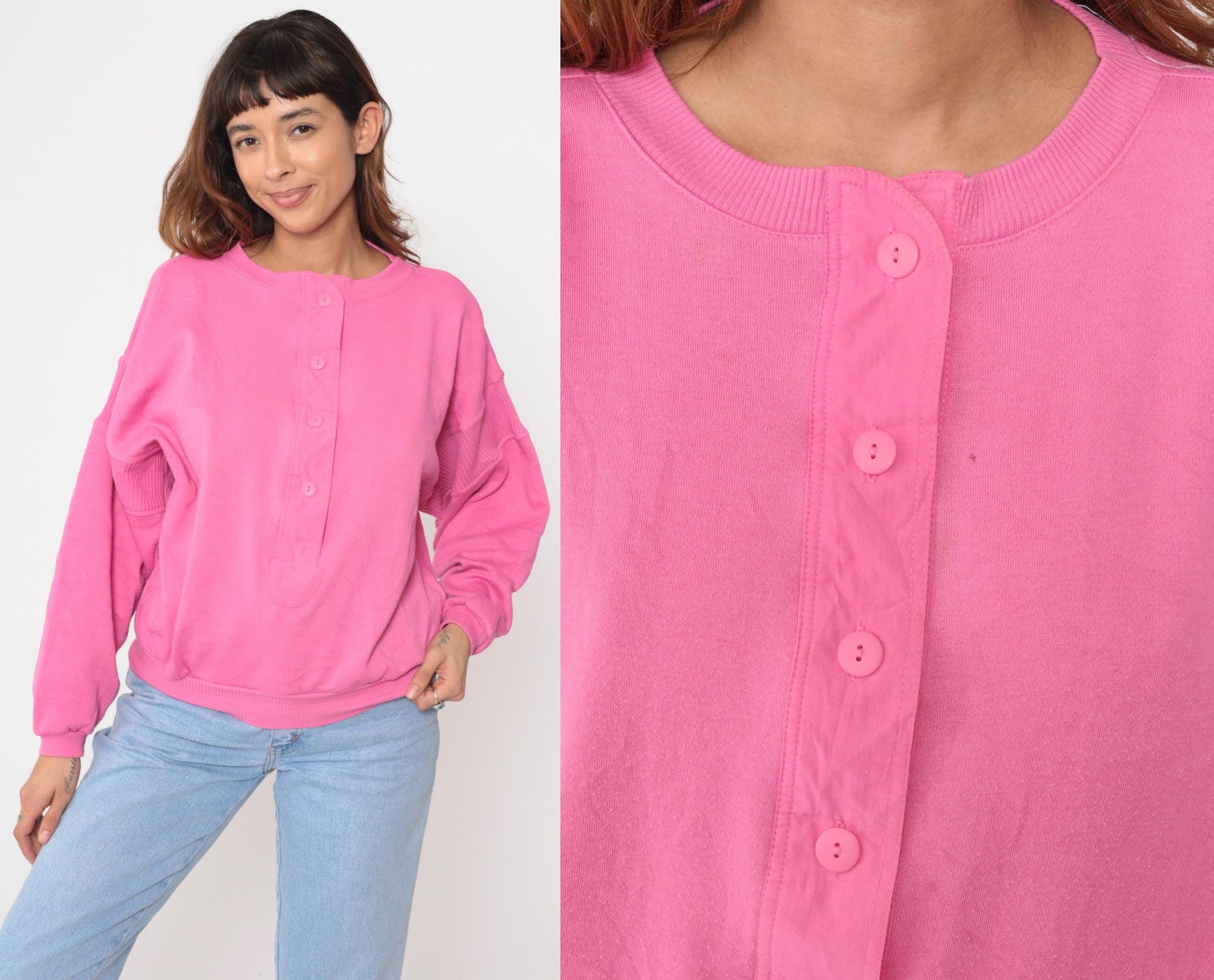 90s Pink Henley Button Neck Sweatshirt Ribbed Cuffs Medium M
