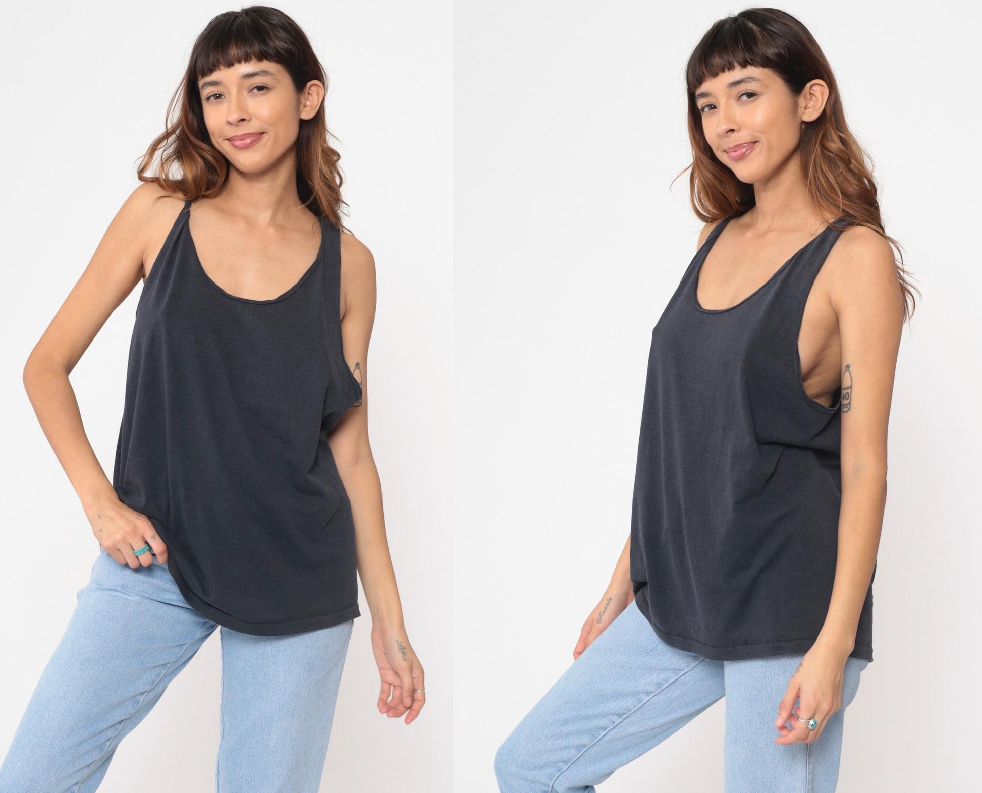 90s Black Fruit of the Loom Tank Top Low Armhole Scoop Neck Medium Large
