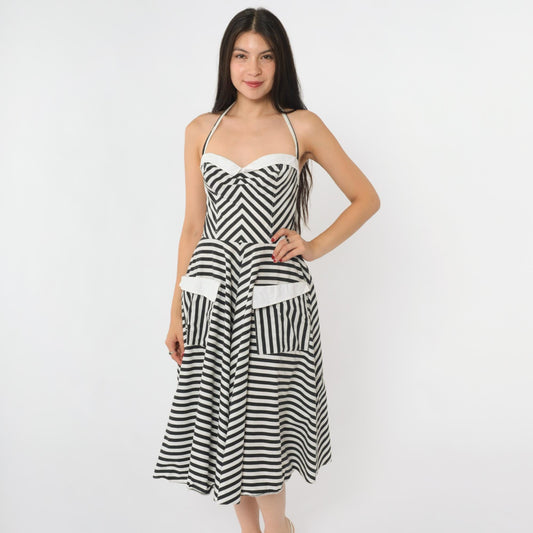 80s Black White Striped Halter Midi Dress Sweetheart Neckline Extra Small