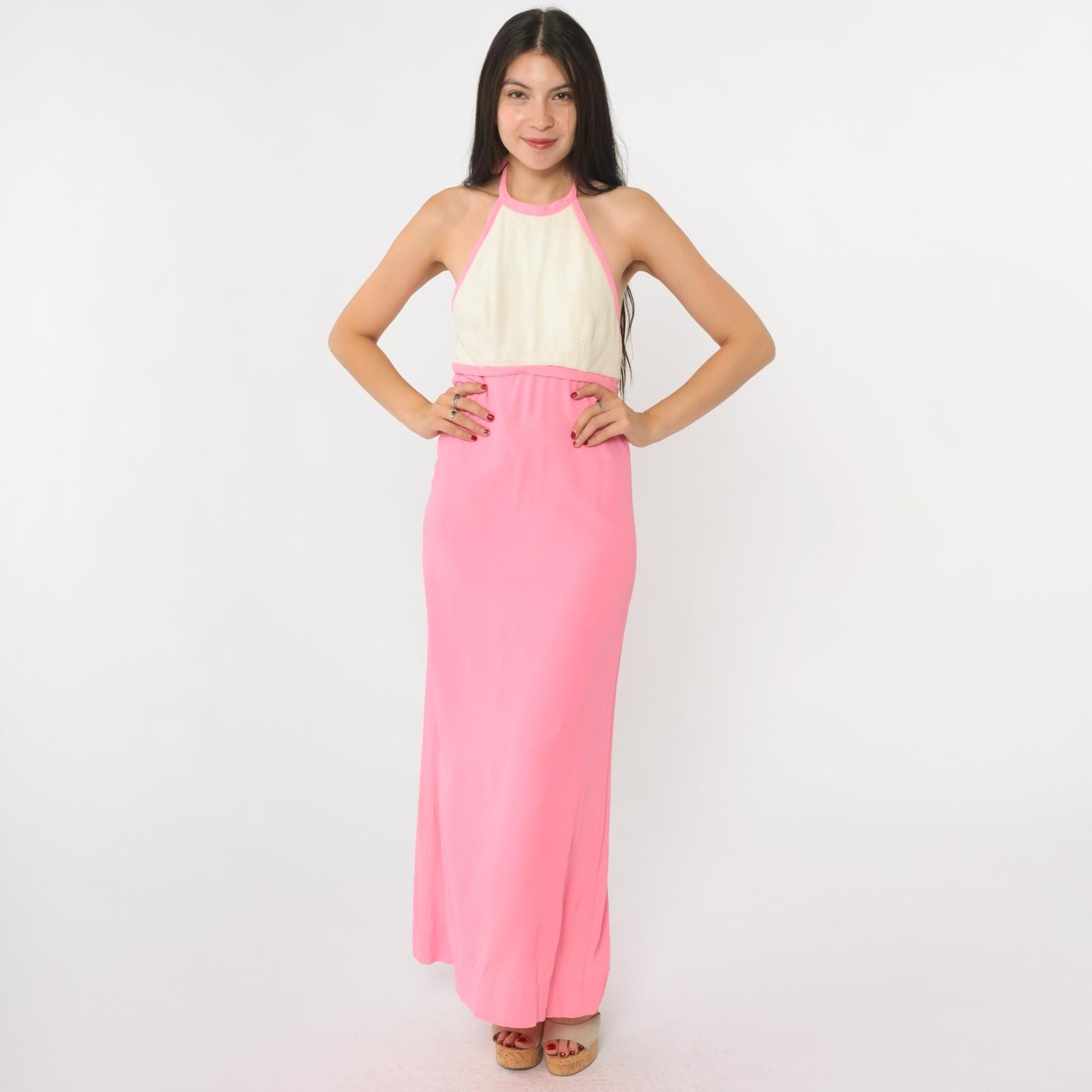 70s Lanz Original Pink Halter Maxi Dress Pointelle Knit Open Back Extra Small