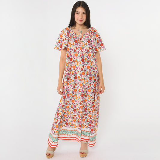 70s Floral Caftan Maxi Dress White Multicolor Print Flutter Sleeve Medium M