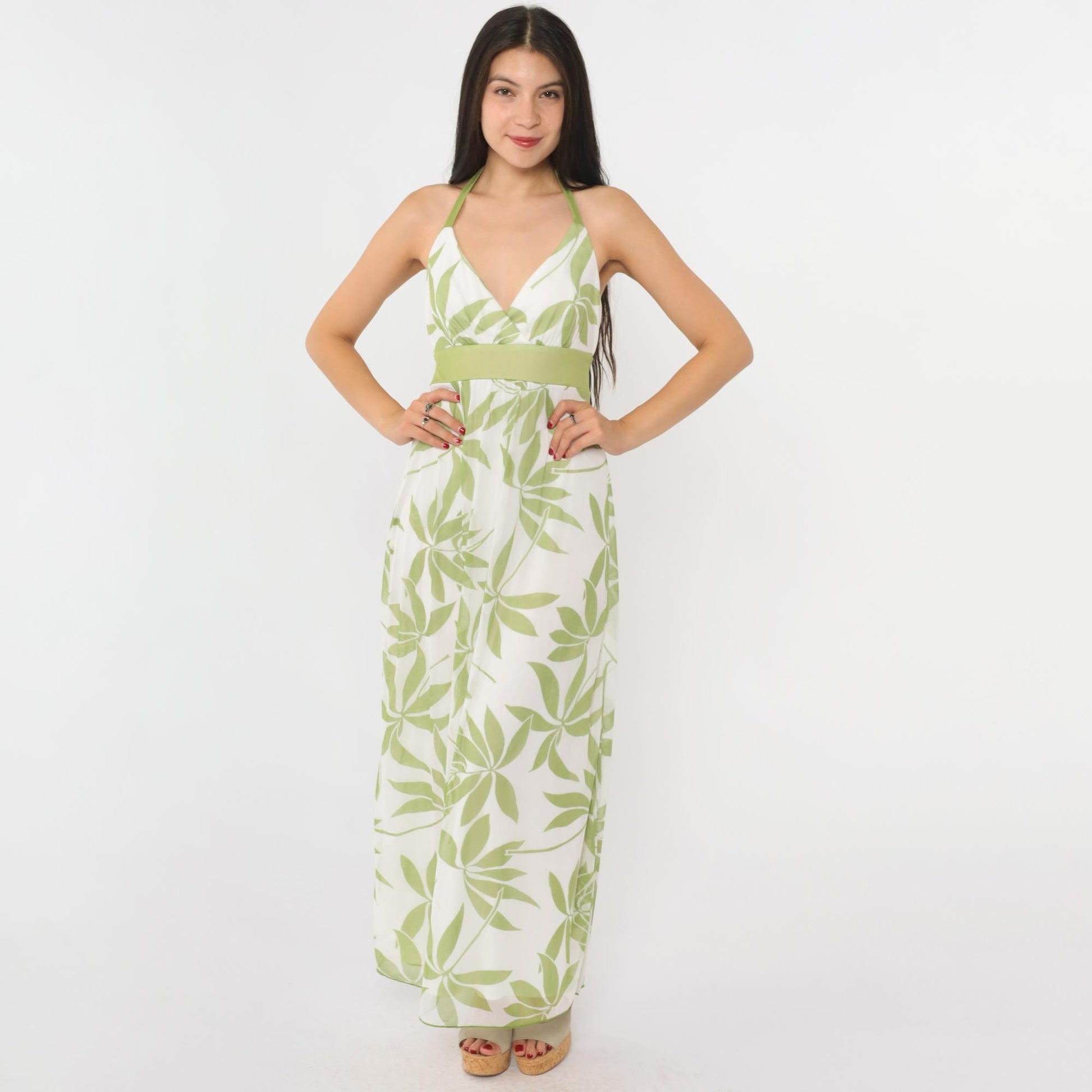 Y2K White Floral Halter Maxi Dress Green Print Empire Waist Medium
