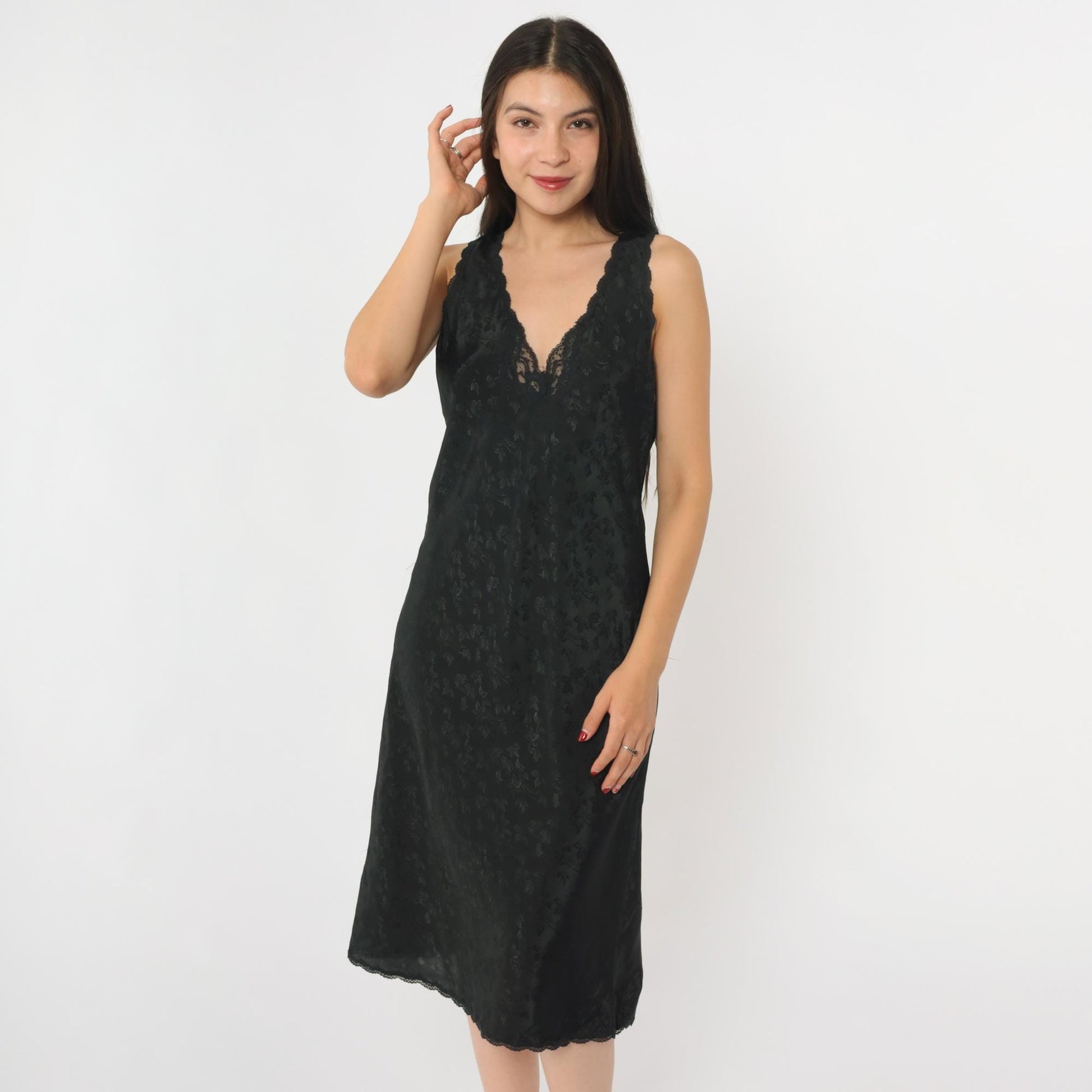 90s Barbizon Black Floral Jacquard Slip Dress Lace Trim Deep V Small