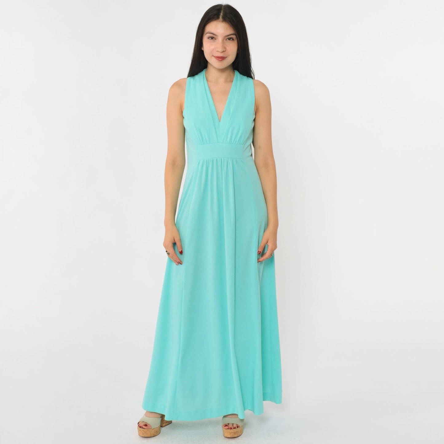 70s Aqua Maxi Dress Deep V Neck Sleeveless High Waist Small S