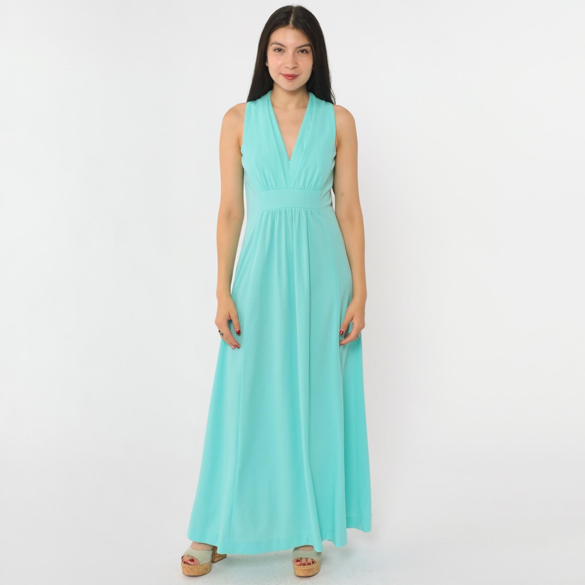 70s Aqua Maxi Dress Deep V Neck Sleeveless High Waist Small S