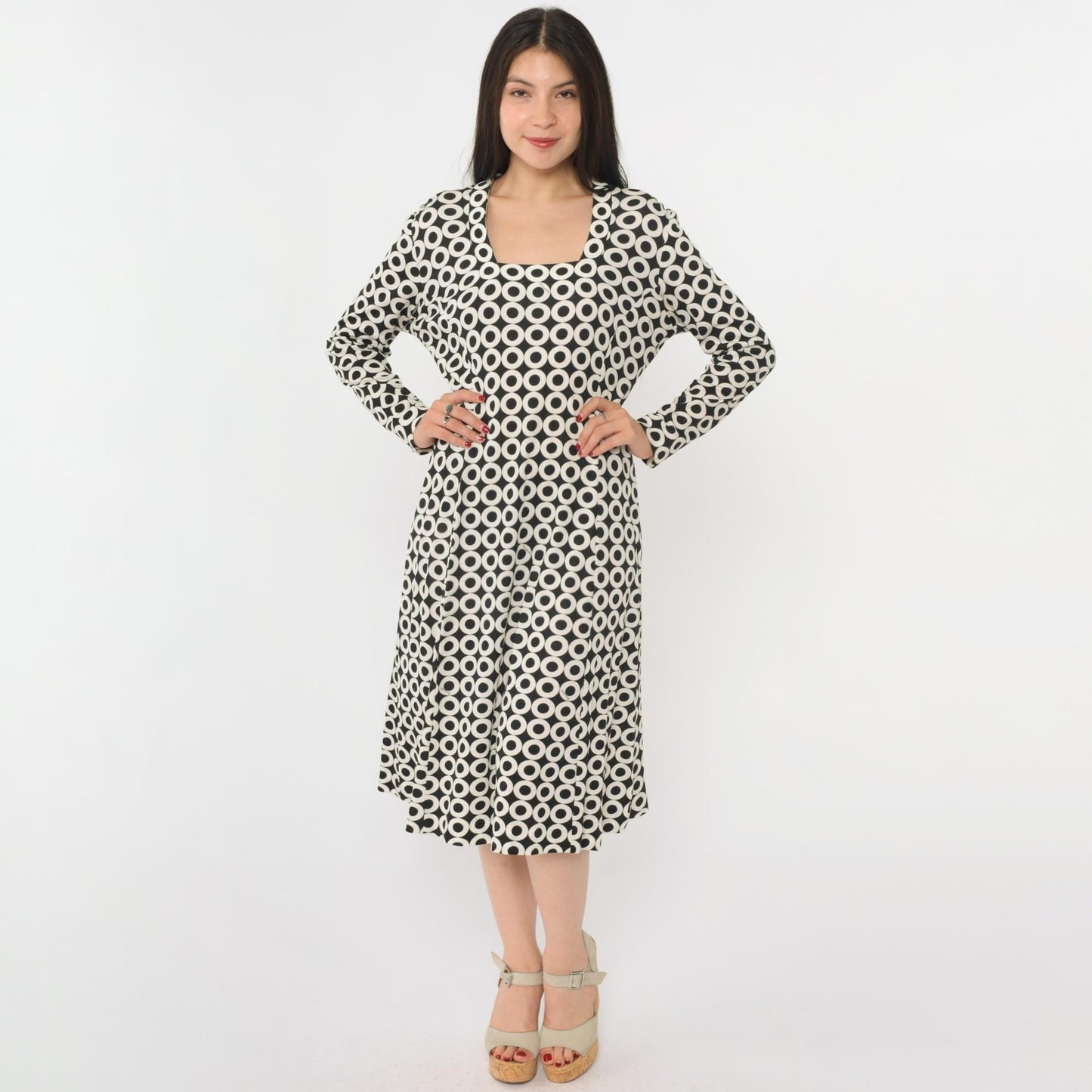 70s Maurice Black White Op Art Circle Print Midi Dress Square Neck Large L