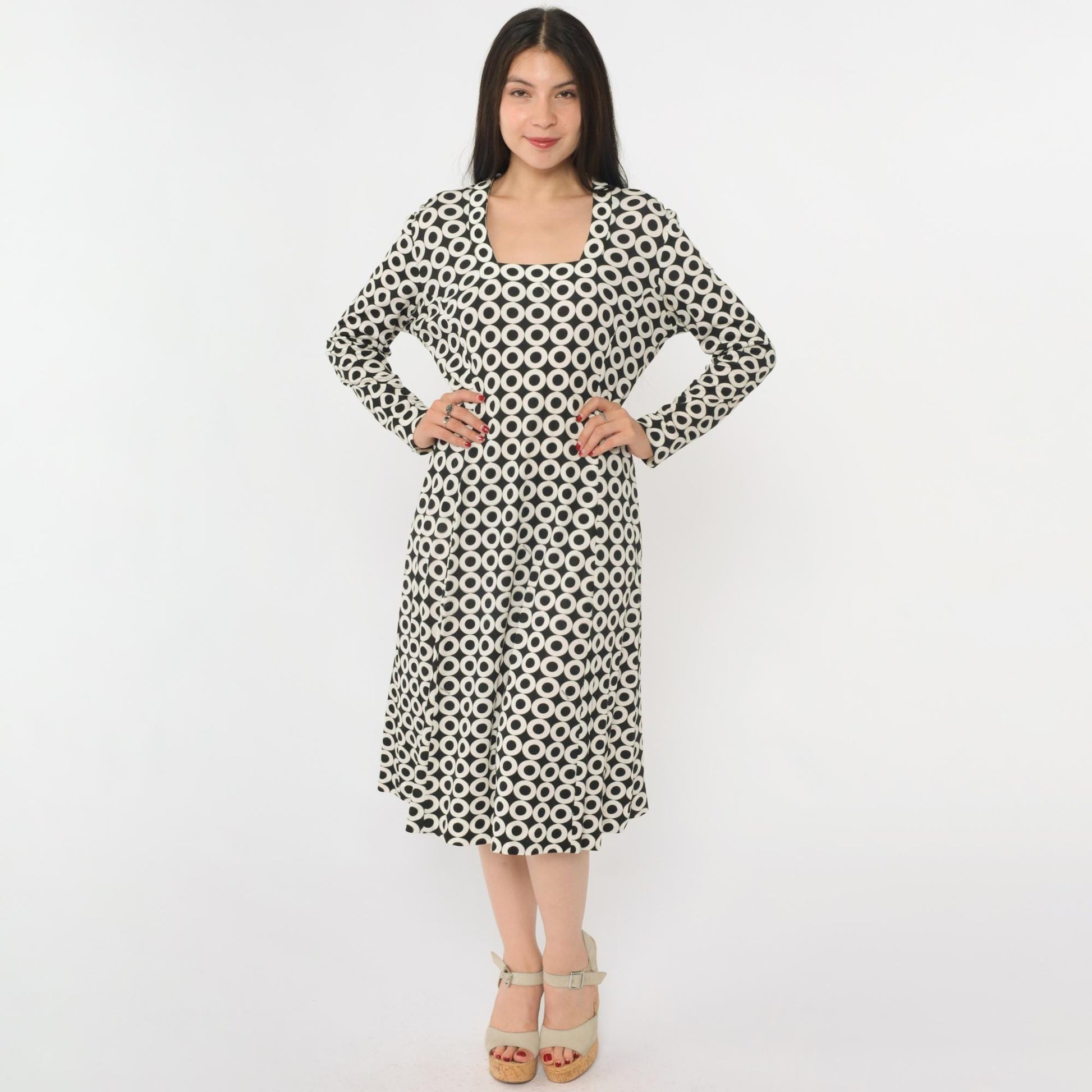 70s Maurice Black White Op Art Circle Print Midi Dress Square Neck Large L