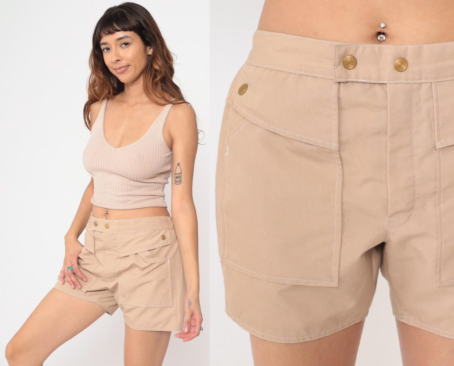 80s State o Maine Tan High Waisted Swim Shorts Nylon Medium