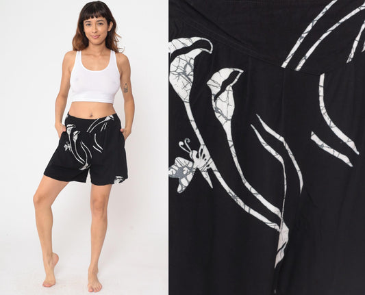 90s Tropical Tantrum Black Floral Rayon Shorts High Waist Large L