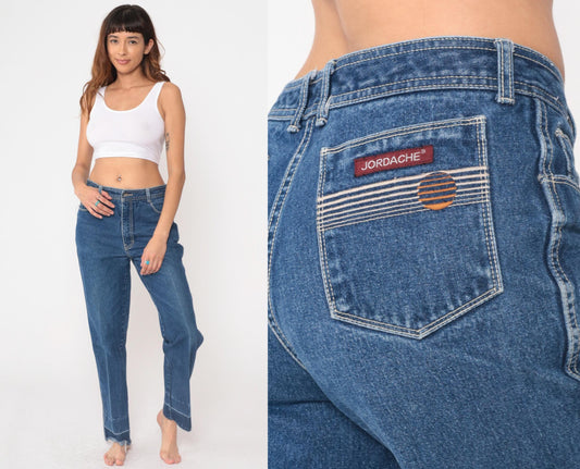 80s Jordache High Waisted Straight Leg Jeans Embroidered Horse Blue Denim 33