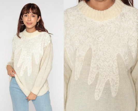 80s Cream Lace Soutache Sweater Fuzzy Knit Pullover Medium M