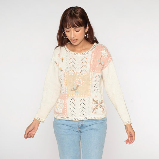 90s Erika Petites Floral Embroidered Openwork Sweater Ecru Small