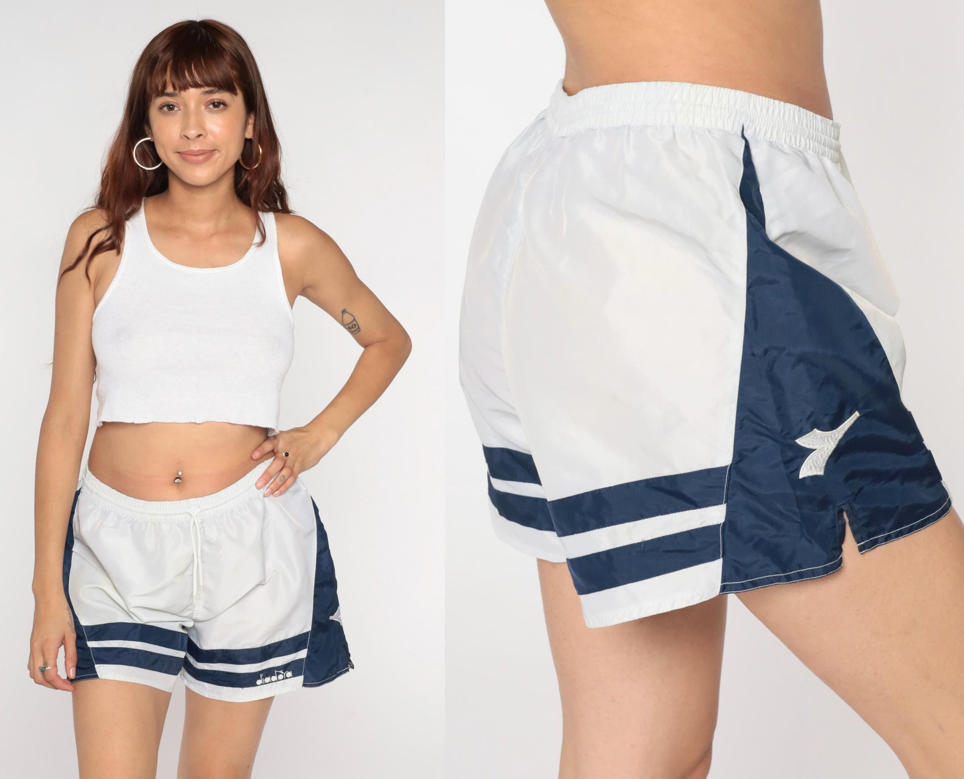 90s Diadora Soccer Shorts White Navy Nylon Athletic Track Large L