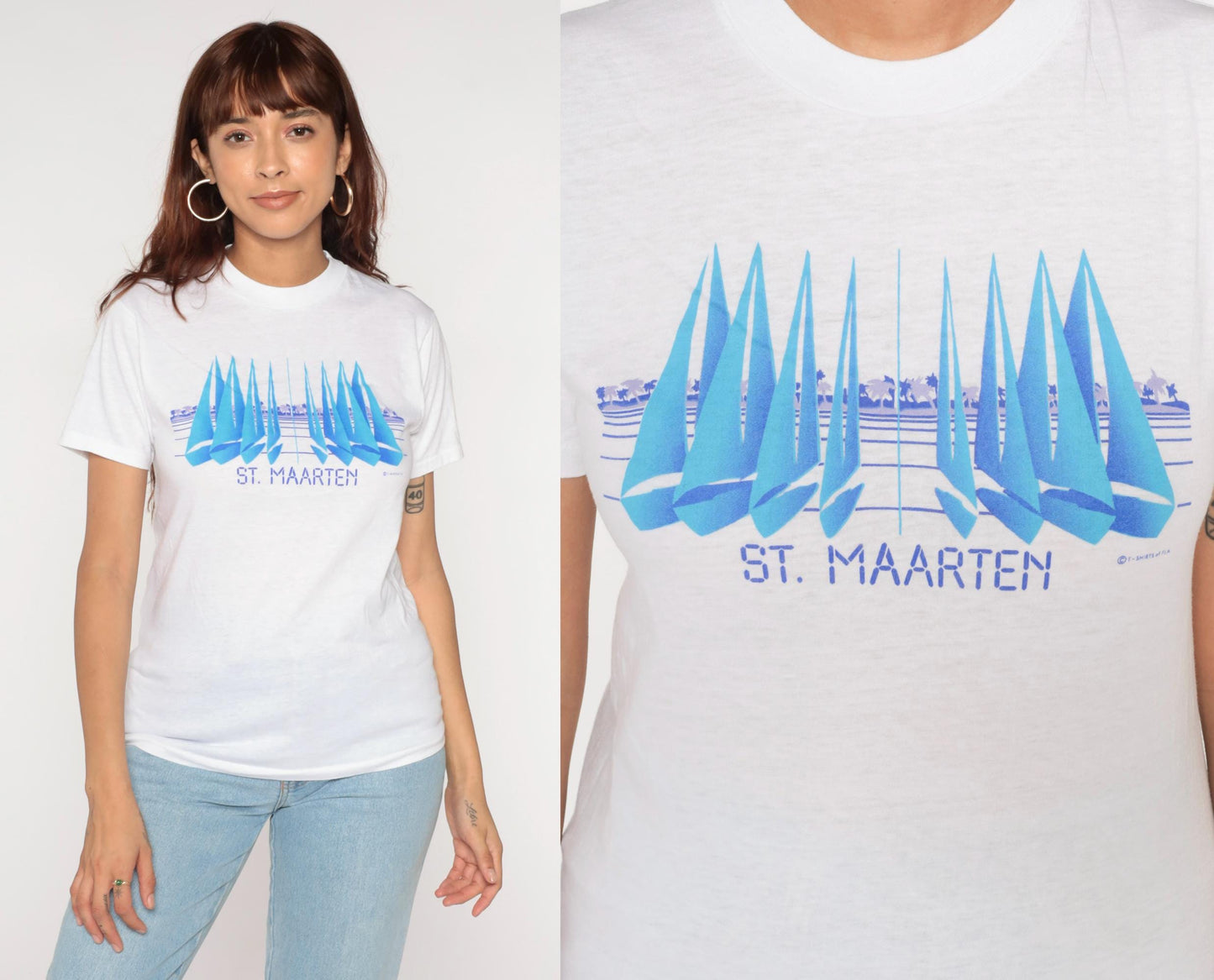 90s St Maarten Sailboat Graphic T-Shirt White Crewneck Small
