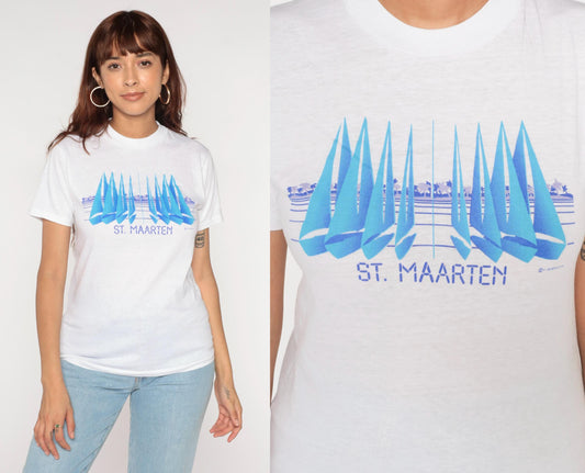 90s St Maarten Sailboat Graphic T-Shirt White Crewneck Small