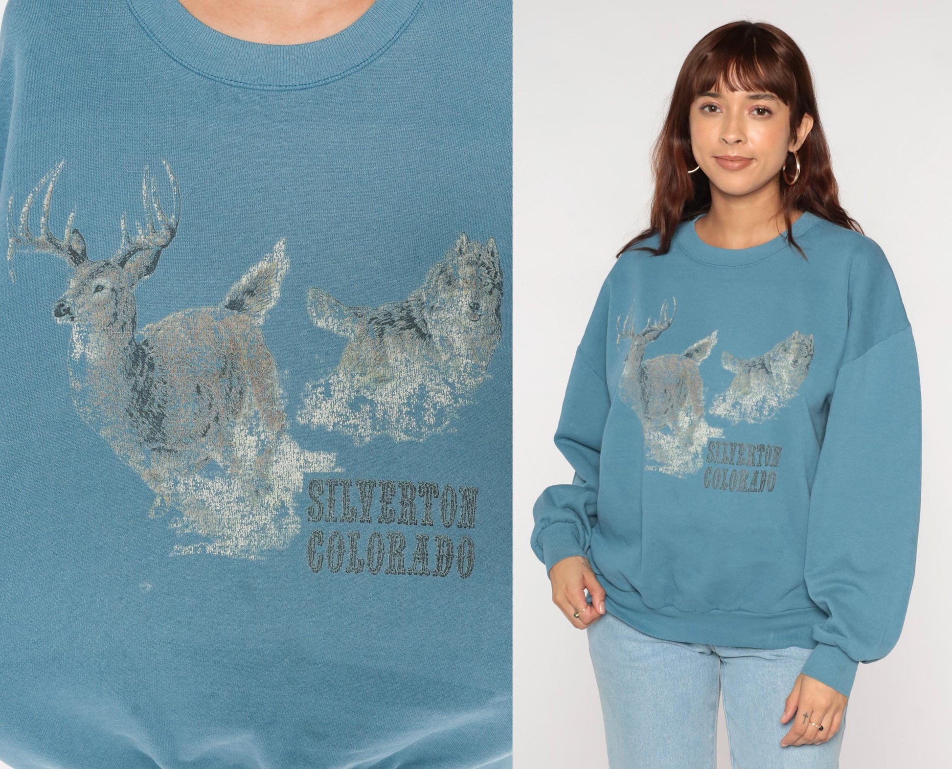 90s Silverton Colorado Wolf Deer Graphic Sweatshirt Blue Crewneck Extra Large