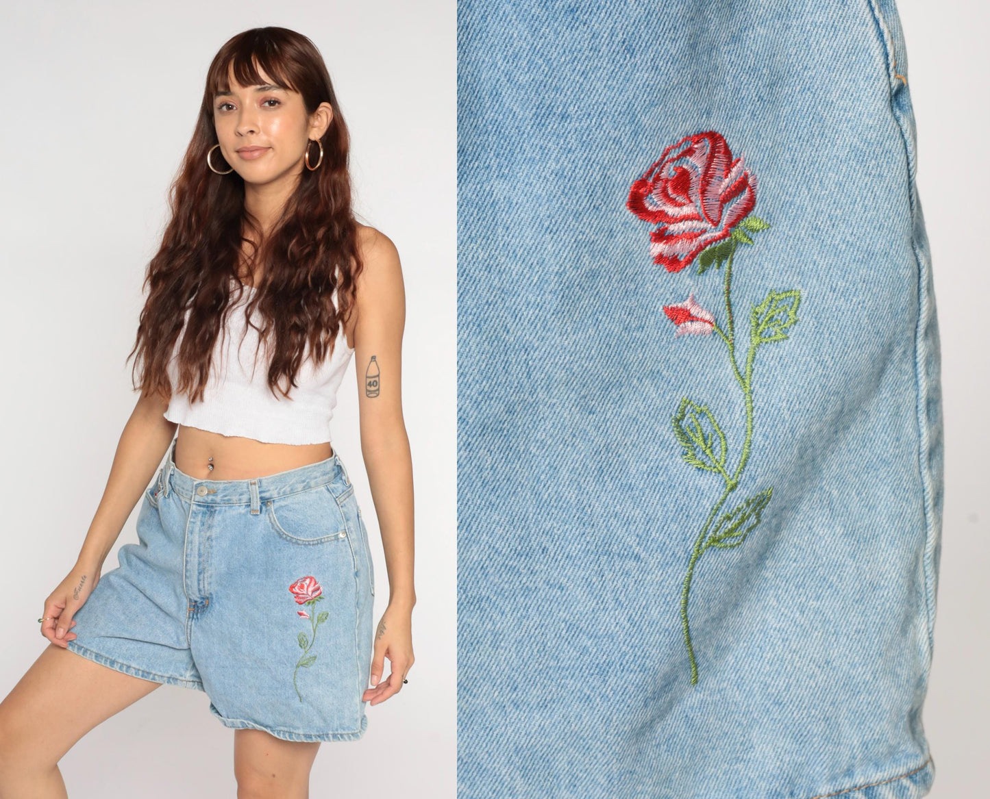 90s Floral Embroidered Blue Denim Shorts High Waisted Jean Shorts Medium