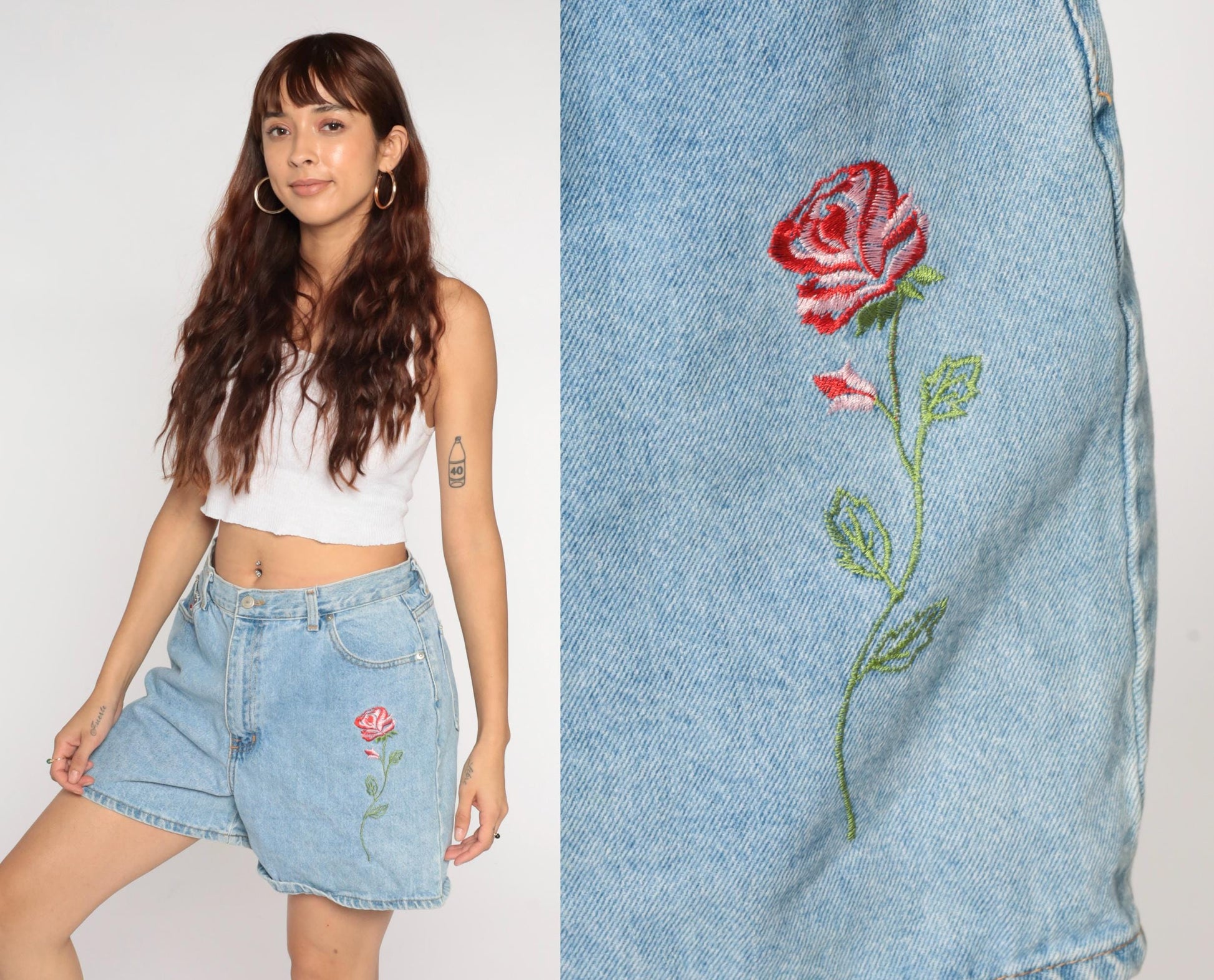 90s Floral Embroidered Blue Denim Shorts High Waisted Jean Shorts Medium