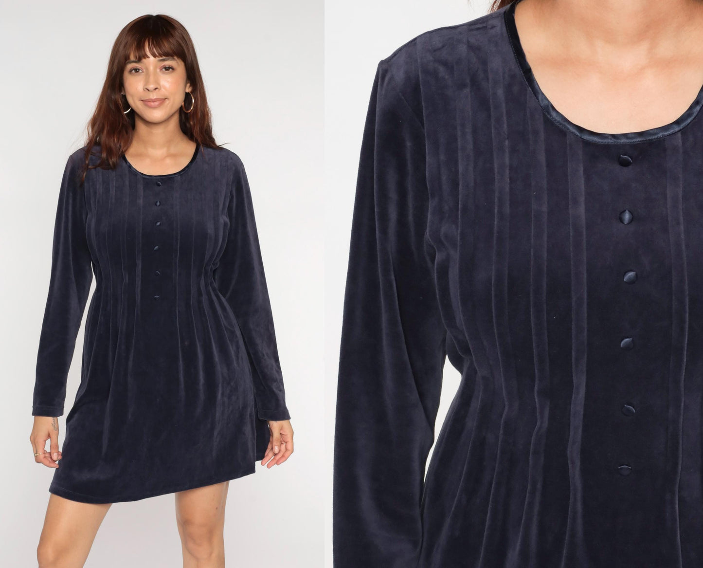 90s Midnight Blue Velour Mini Dress Long Sleeve Pleated Babydoll Medium M