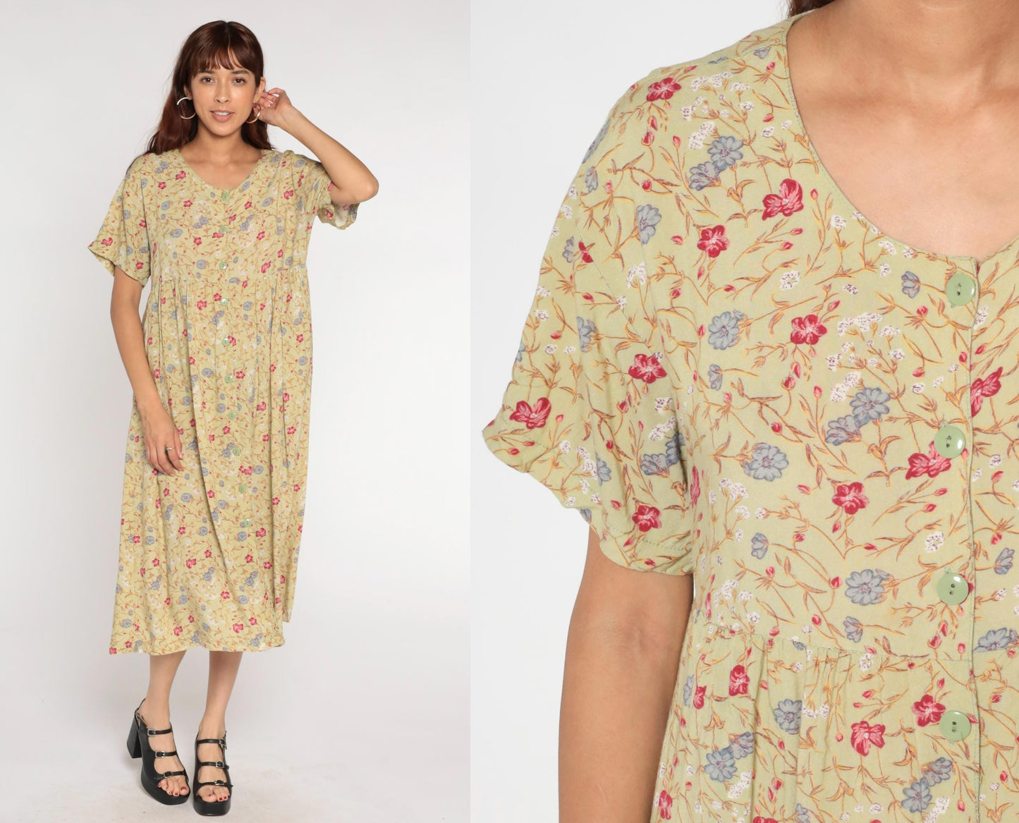 90s Sostanza Floral Button-Up Midi Dress Avocado Green High Waist Medium Large