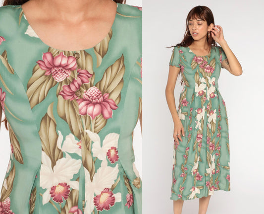 90s Iolani Hawaiian Tropical Floral Midi Dress Green Short Sleeve Petite