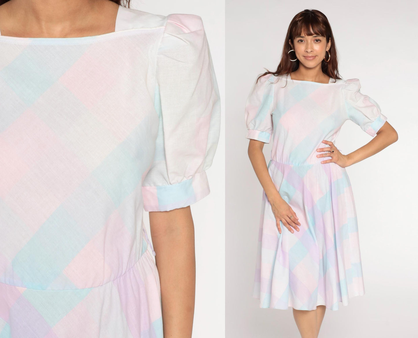 80s Pastel Checkered Puff Sleeve Midi Dress High Waist Pink Purple Blue Medium M