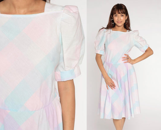 80s Pastel Checkered Puff Sleeve Midi Dress High Waist Pink Purple Blue Medium M