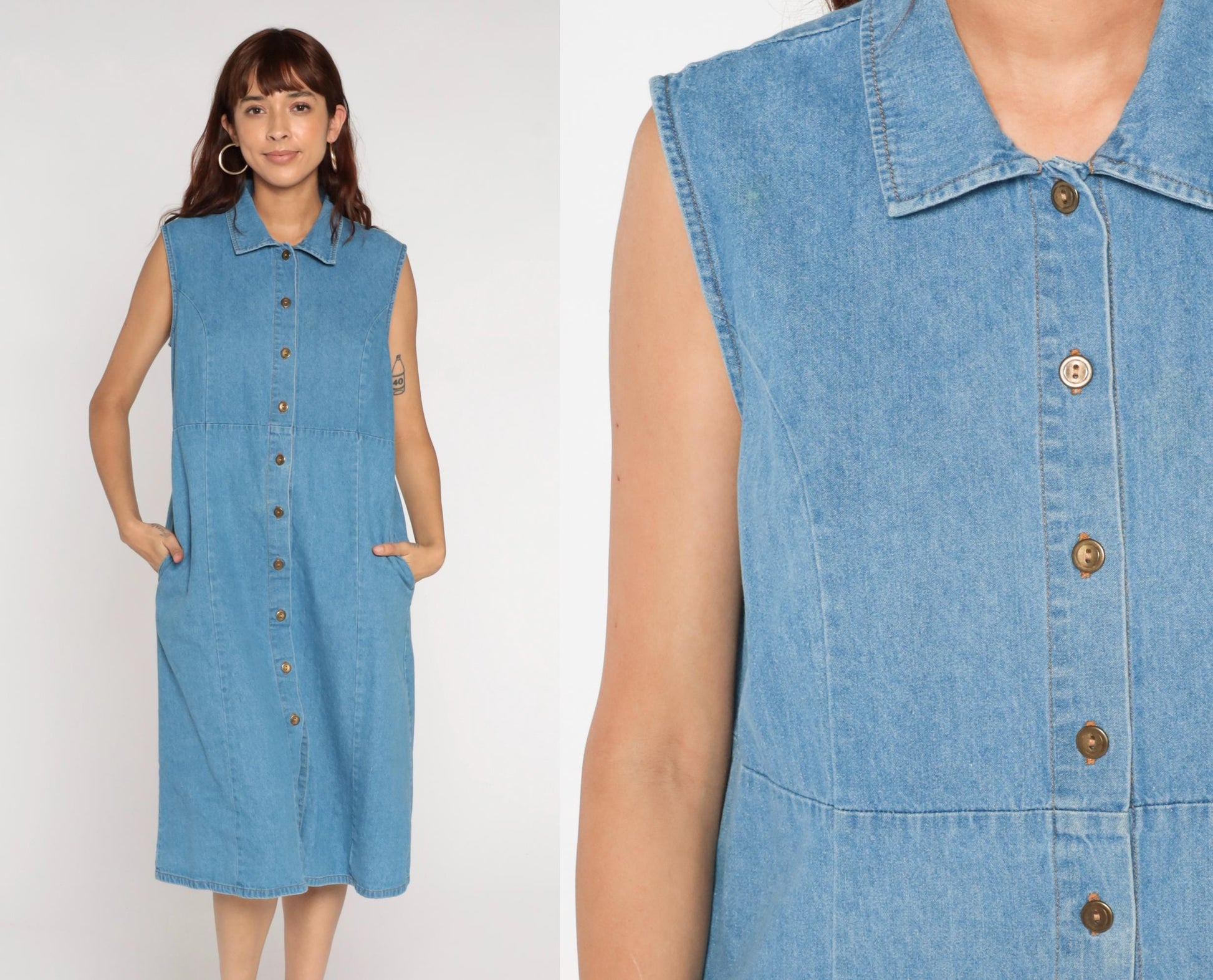 90s Blue Denim Midi Dress Sleeveless Button-Up High Waist Medium Large