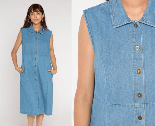 90s Blue Denim Midi Dress Sleeveless Button-Up High Waist Medium Large
