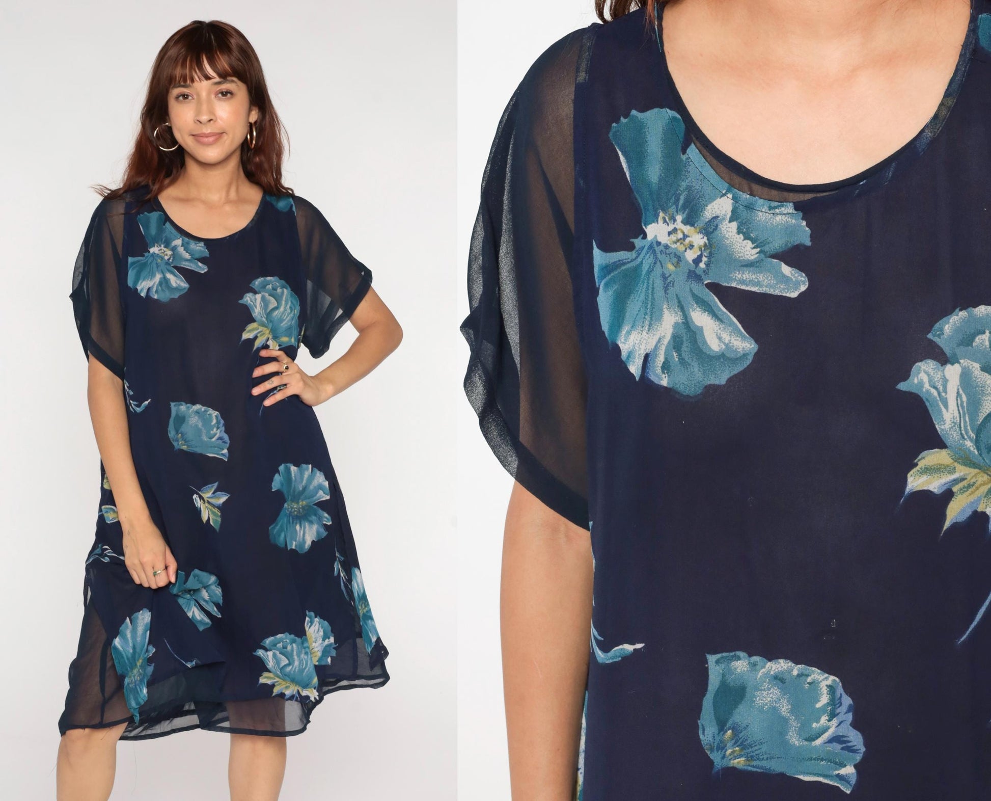 90s Navy Floral Chiffon Dress Short Sleeve Knee Length Large L