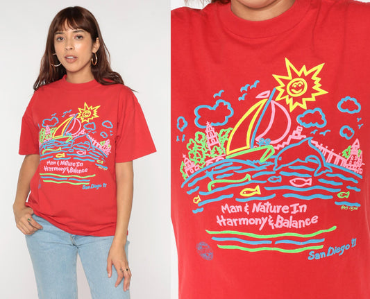 90s San Diego Graphic T-Shirt 1991 Neon Red Cotton Crewneck Medium