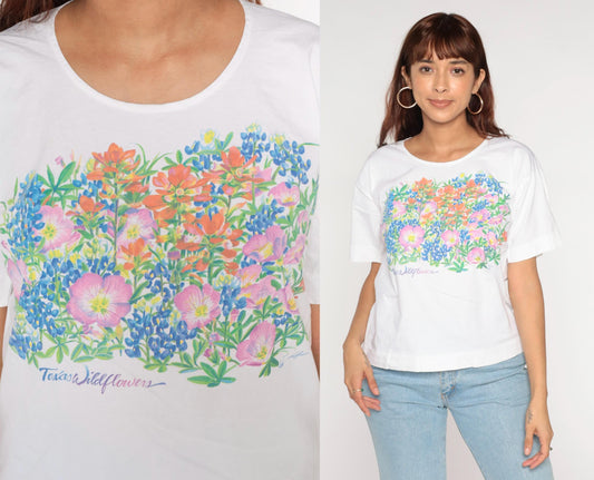 80s Swan Brand Texas Wildflowers White Graphic T-Shirt Cotton Tee Medium
