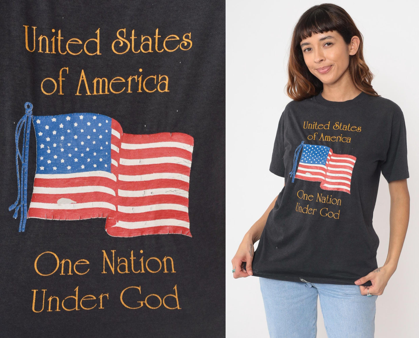 90s Hanes American Flag Graphic Tee Black Cotton Single Stitch Medium