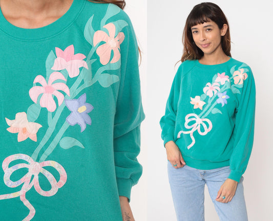 90s Creative Friends Floral Sweatshirt Turquoise Appliqué Crewneck Large L