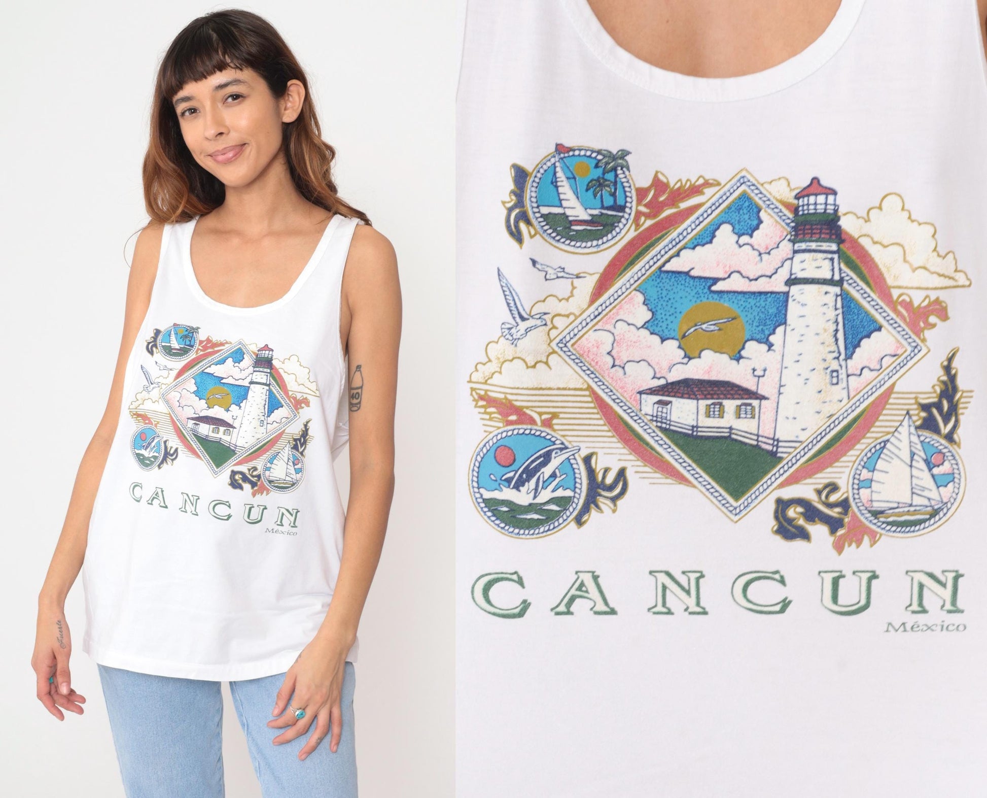 90s Cancun Mexico Tank Top White Lighthouse Sailboat Graphic Large L